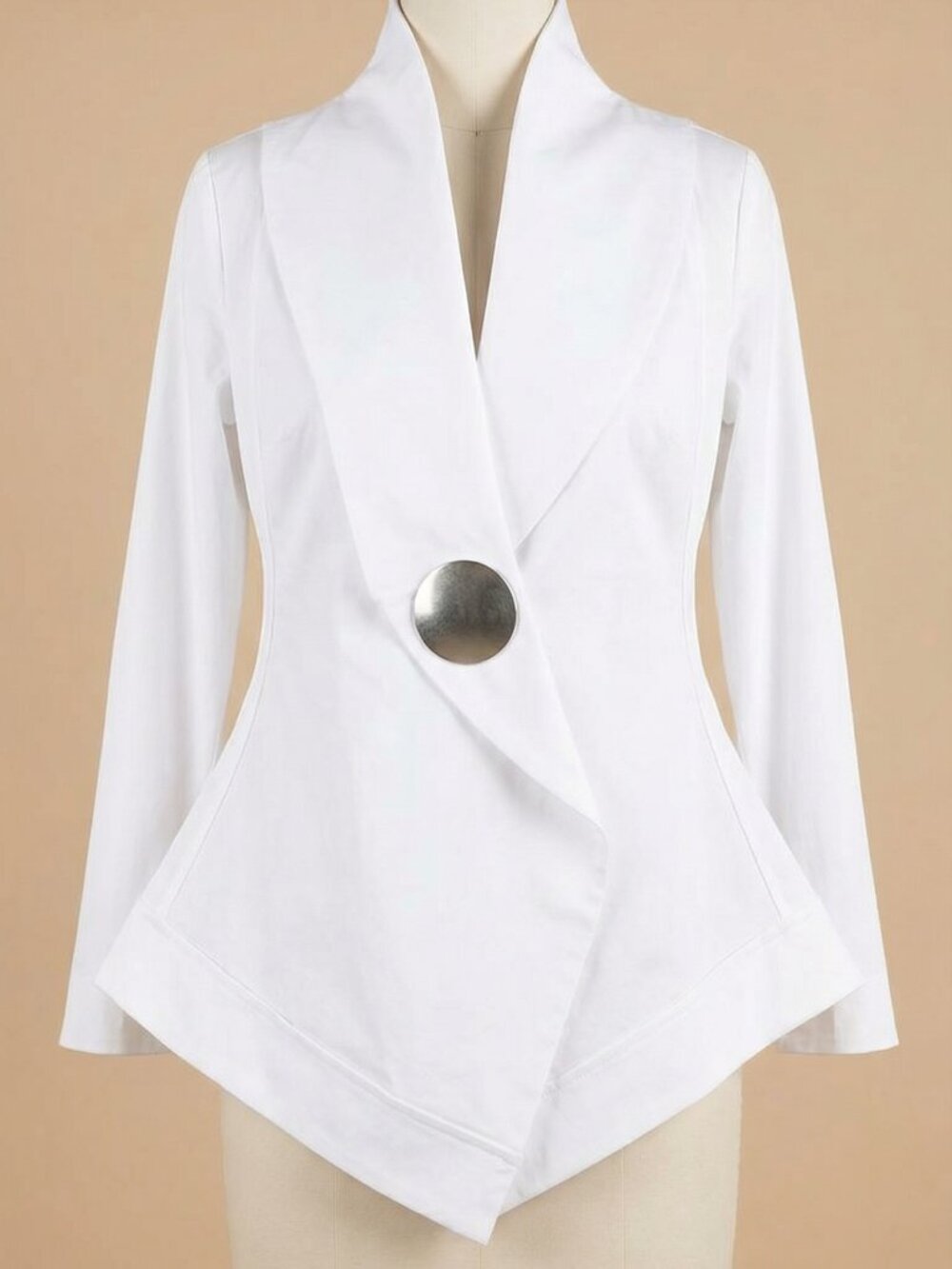 White Asymmetrical Stand Collar Blouse – Elegant Loose Fit Statement Top - Picture 4 of 4